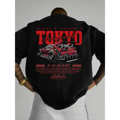 Men's Regular Fit Car & Letter Print Round Neck Tee, Street Fashion Casual Short Sleeve T-shirt for Daily Wear, Men's Top for All Seasons, Tropical, Streetwear.