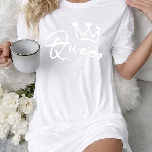 Queen Letter Print Nightdress for Women, White Short Sleeve Lounge Sleep Shirt, Soft Casual Sleepwear Homewear Dress