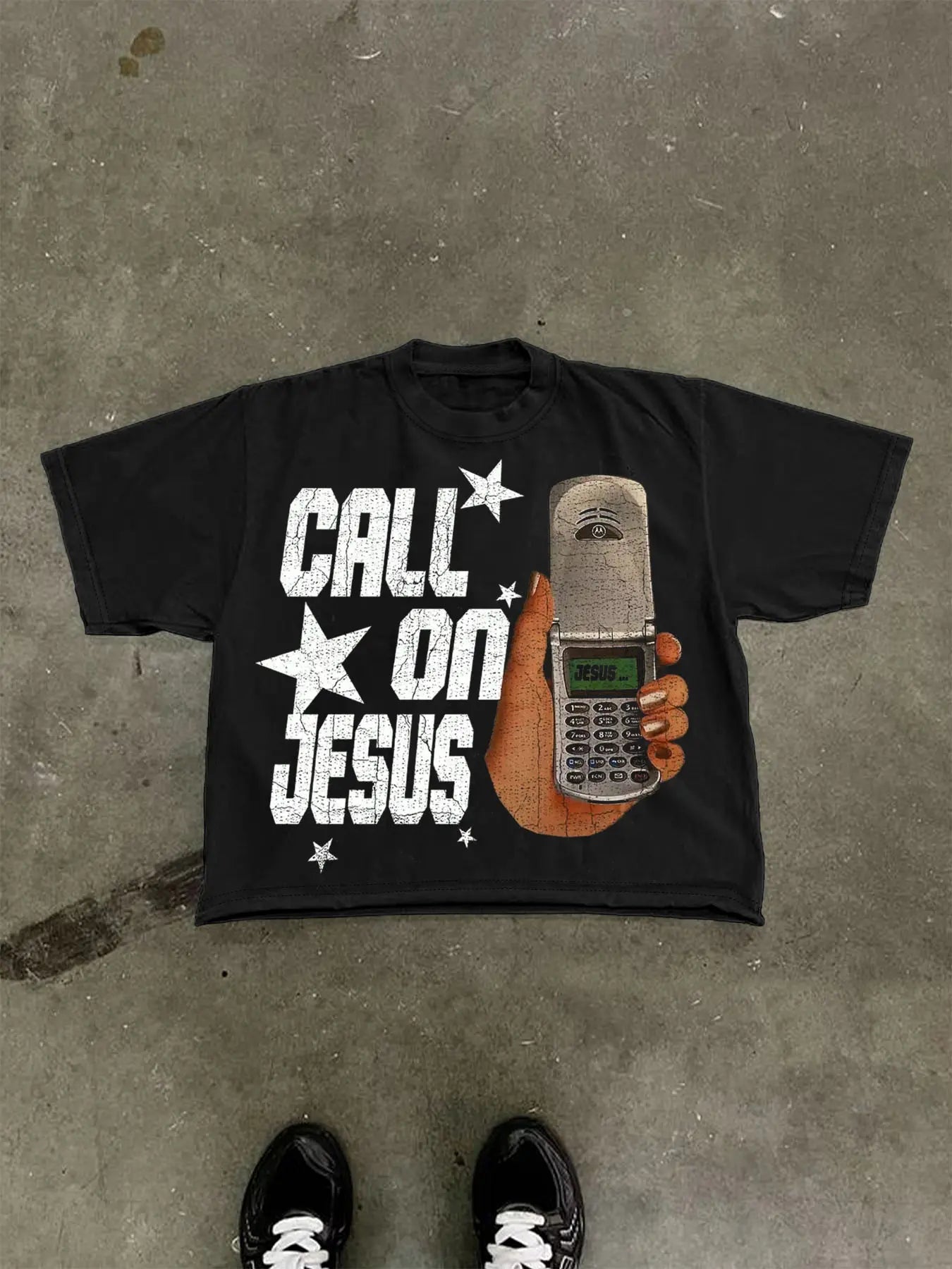Men's Cotton T-Shirt, Short Sleeve, Phone & Star Print, Loose Fit, Casual Style, Summer Fashion, Outdoor Sports Streetwear.