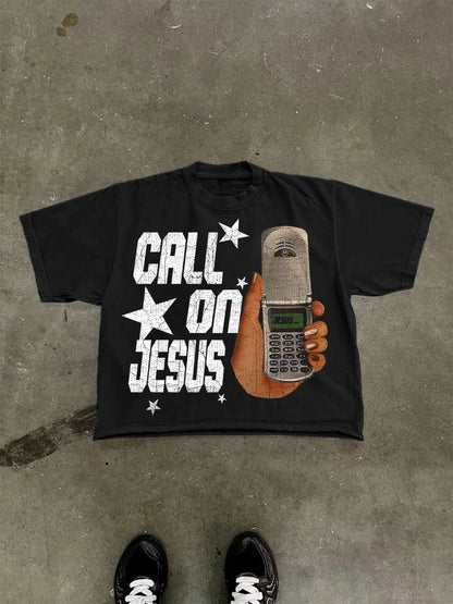 Men's Cotton T-Shirt, Short Sleeve, Phone & Star Print, Loose Fit, Casual Style, Summer Fashion, Outdoor Sports Streetwear.