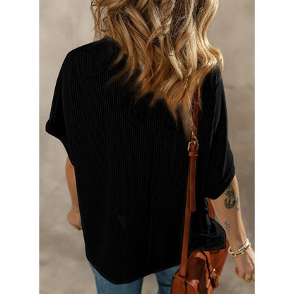 Dokotoo Women's Summer Casual Short Sleeve Solid Color Loose Texture Knit Tunic Tops Blouses with Crew Neck & Side Slits