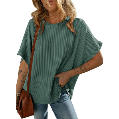 Dokotoo Women's Summer Casual Short Sleeve Solid Color Loose Texture Knit Tunic Tops Blouses with Crew Neck & Side Slits