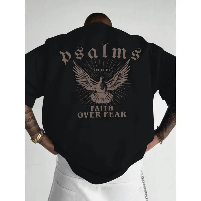 Faith is Better Than Fear T-shirt with psalm design, loose version crew neck short sleeves, men's casual wear, sports fan gift, bright black T-shirt.