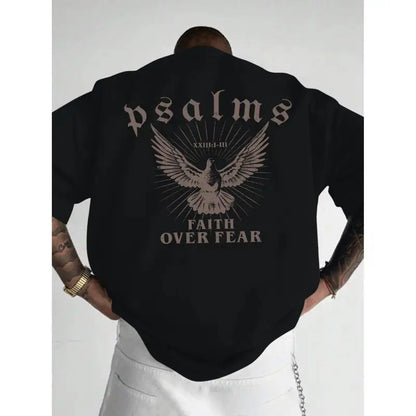Faith is Better Than Fear T-shirt with psalm design, loose version crew neck short sleeves, men's casual wear, sports fan gift, bright black T-shirt.
