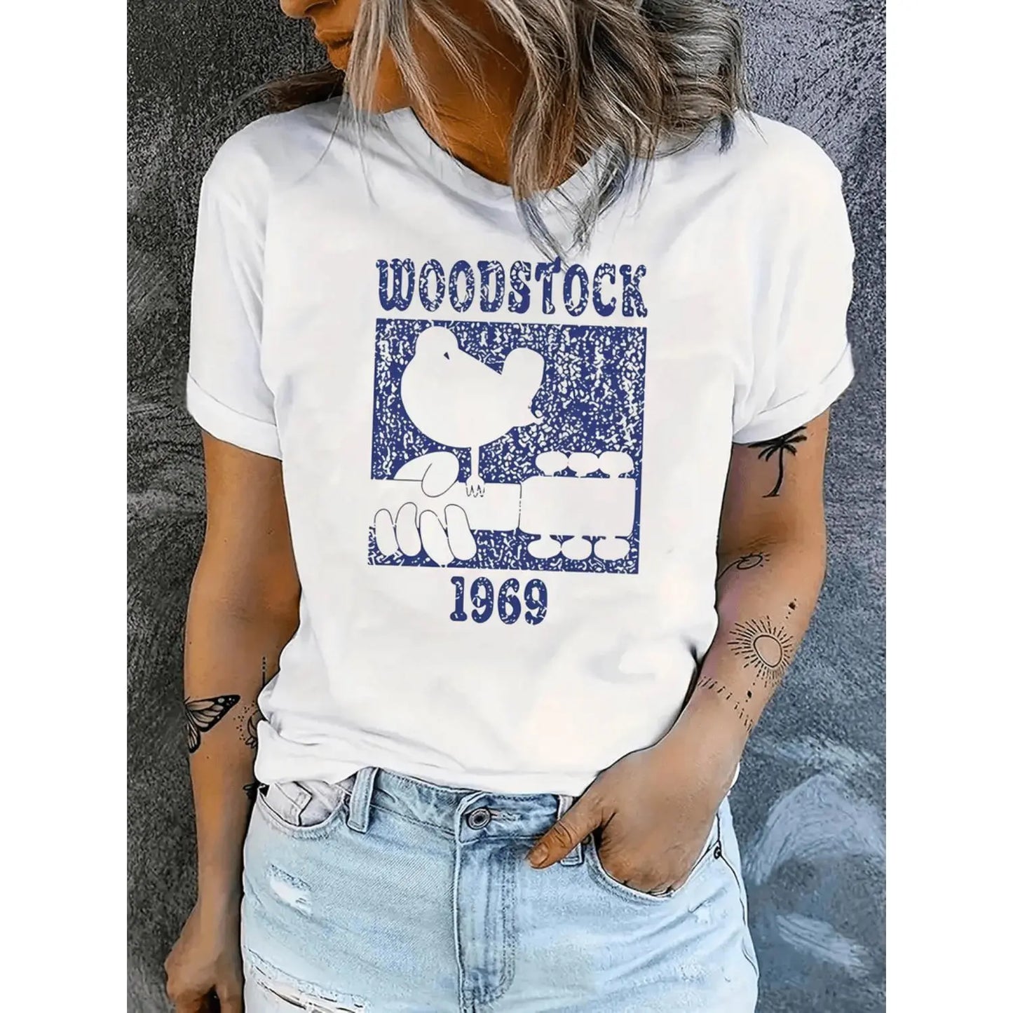 Woodstock 1969 Graphic Tee for Women Casual Crew Neck Short Sleeve T Shirt in Polyester Knit Fabric with Medium Stretch Featuring Animal Pattern Perfect for Summer Top