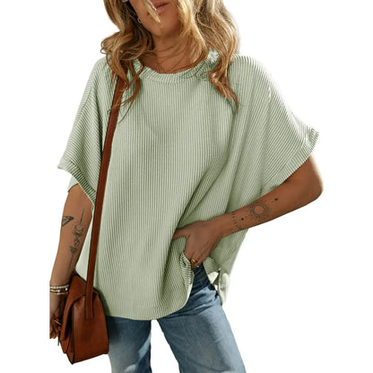 Dokotoo Women's Summer Casual Short Sleeve Solid Color Loose Texture Knit Tunic Tops Blouses with Crew Neck & Side Slits
