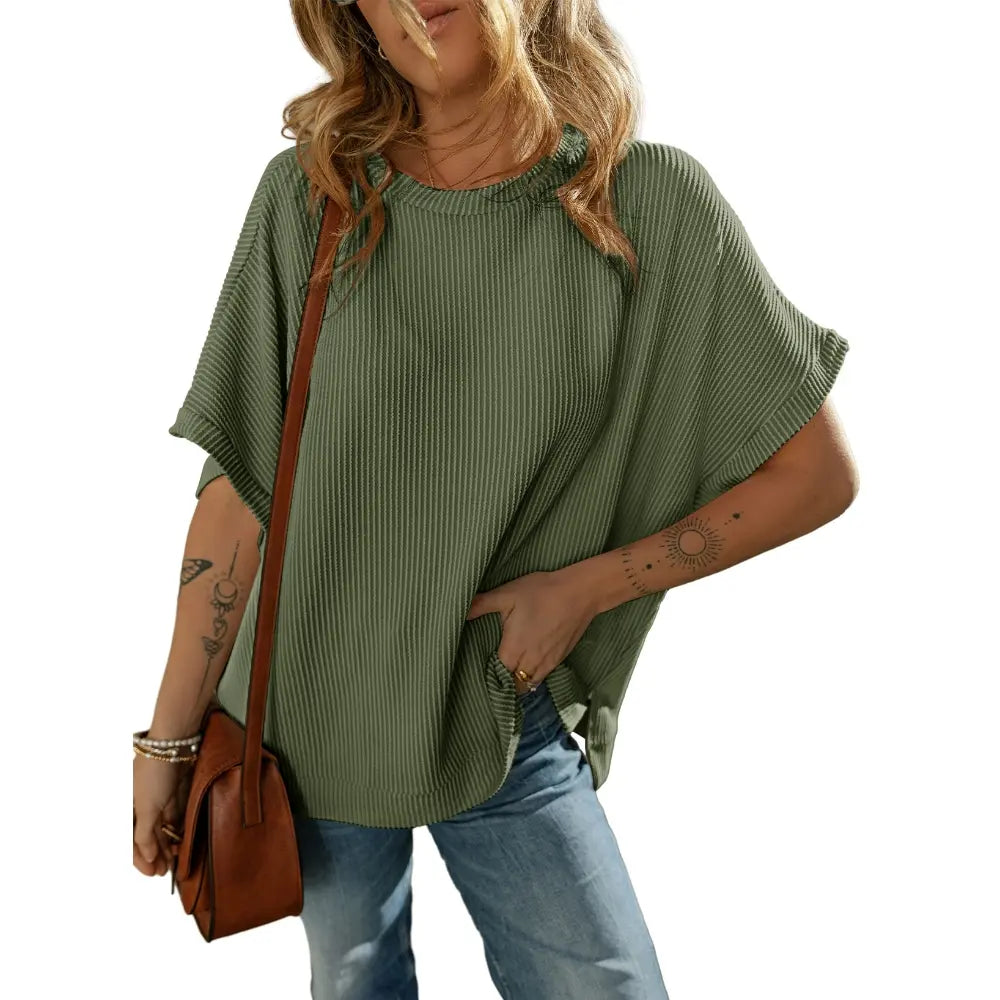 Dokotoo Women's Summer Casual Short Sleeve Solid Color Loose Texture Knit Tunic Tops Blouses with Crew Neck & Side Slits