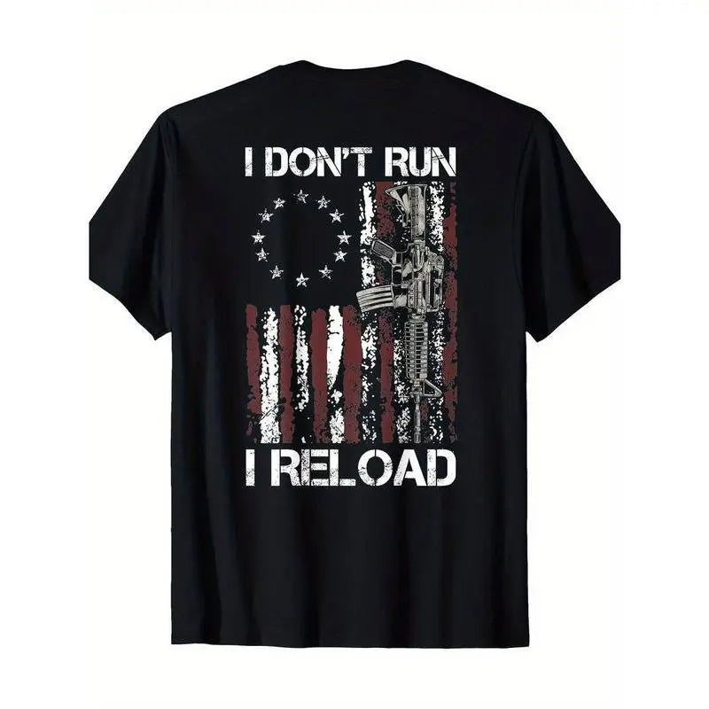 Short Sleeve Print Men's "I Don't Run I Reload" Patriotic Shotgun Shells American Flag Graphic T-Shirt.