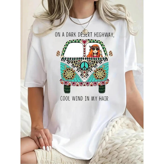 Vibrant Bohemian Graphic T Shirt for Plus Size Women Featuring Hippie Bus and Desert Scene with Dark Desert Highway Quote