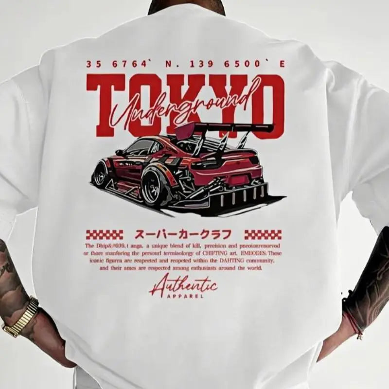 Men's regular version car and letter print crew neck T-shirt, street fashion casual short-sleeved T-shirt, daily wear men's tops, all seasons, tropical style, street wear.