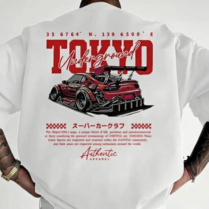 Men's regular version car and letter print crew neck T-shirt, street fashion casual short-sleeved T-shirt, daily wear men's tops, all seasons, tropical style, street wear.