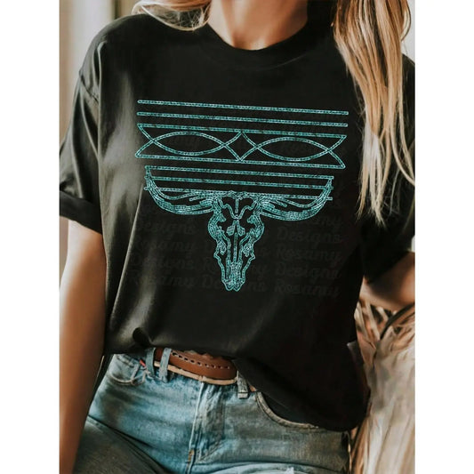 Elegant Western Style Turquoise Boot Stitch Cowgirl Shirt Versatile Casual Dressy Cotton Breathable Womenswear Black Crewneck T Shirt