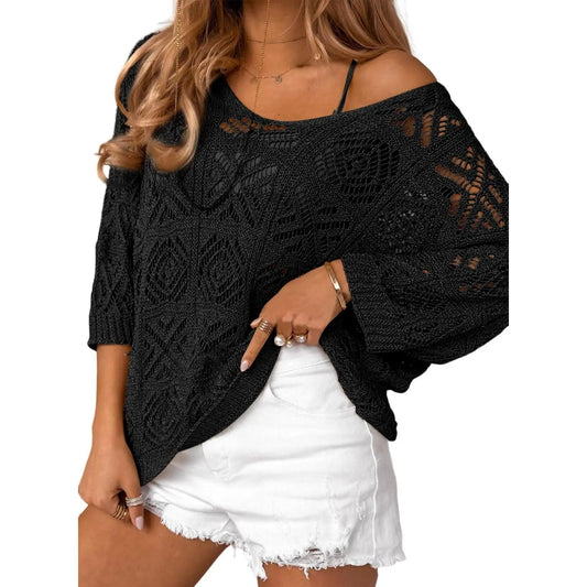 Dokotoo Women's 2026 Spring Summer Crochet Hollow Out 3/4 Sleeve Pullover Sweater Off Shoulder T-Shirts