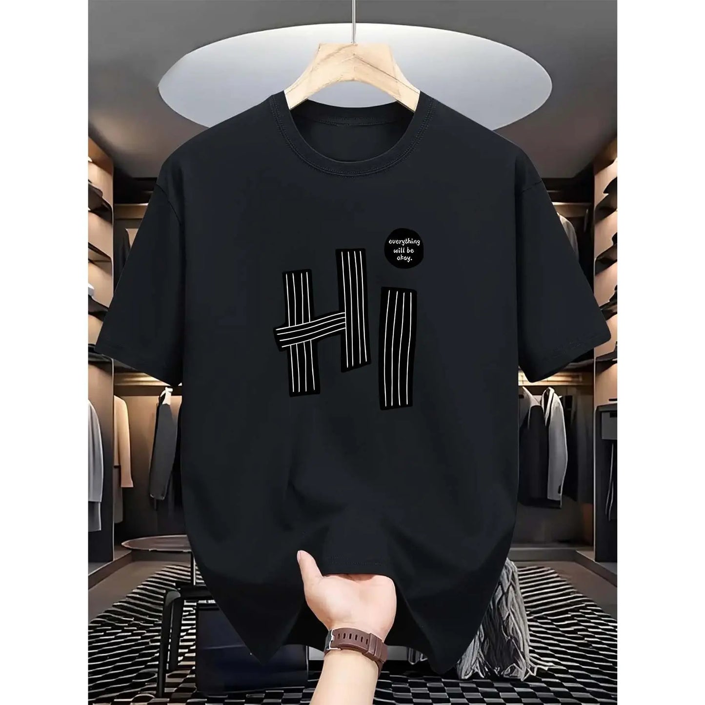 "hi" Letter, Pattern Print, Men's T-Shirt, Men's Novelty Pattern Design T-Shirt, Summer Casual Comfortable T-Shirt, Fashion Short Sleeve Comfortable Versatile Summer T-Shirt Top Round Neck Menswear Shortsleeve Polyester