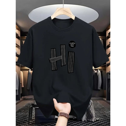 "hi" Letter, Pattern Print, Men's T-Shirt, Men's Novelty Pattern Design T-Shirt, Summer Casual Comfortable T-Shirt, Fashion Short Sleeve Comfortable Versatile Summer T-Shirt Top Round Neck Menswear Shortsleeve Polyester