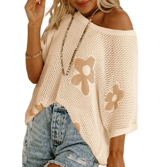 Dokotoo Womens Floral Fashion Summer Tops 2026 Short Sleeve Crochet Sweaters Swimsuit Cover Ups Lightweight Knit Pullover