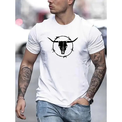 Men's Bull Skull Graphic Tee - Soft & Breathable 100%25 Cotton Shirt, Beige T-Shirt for Everyday & Formal Outfits - Western Cowboy Style Casual Top, Western T Shirts, Travel Friendly Attire, Durable Print Fabric, Summer Clothing